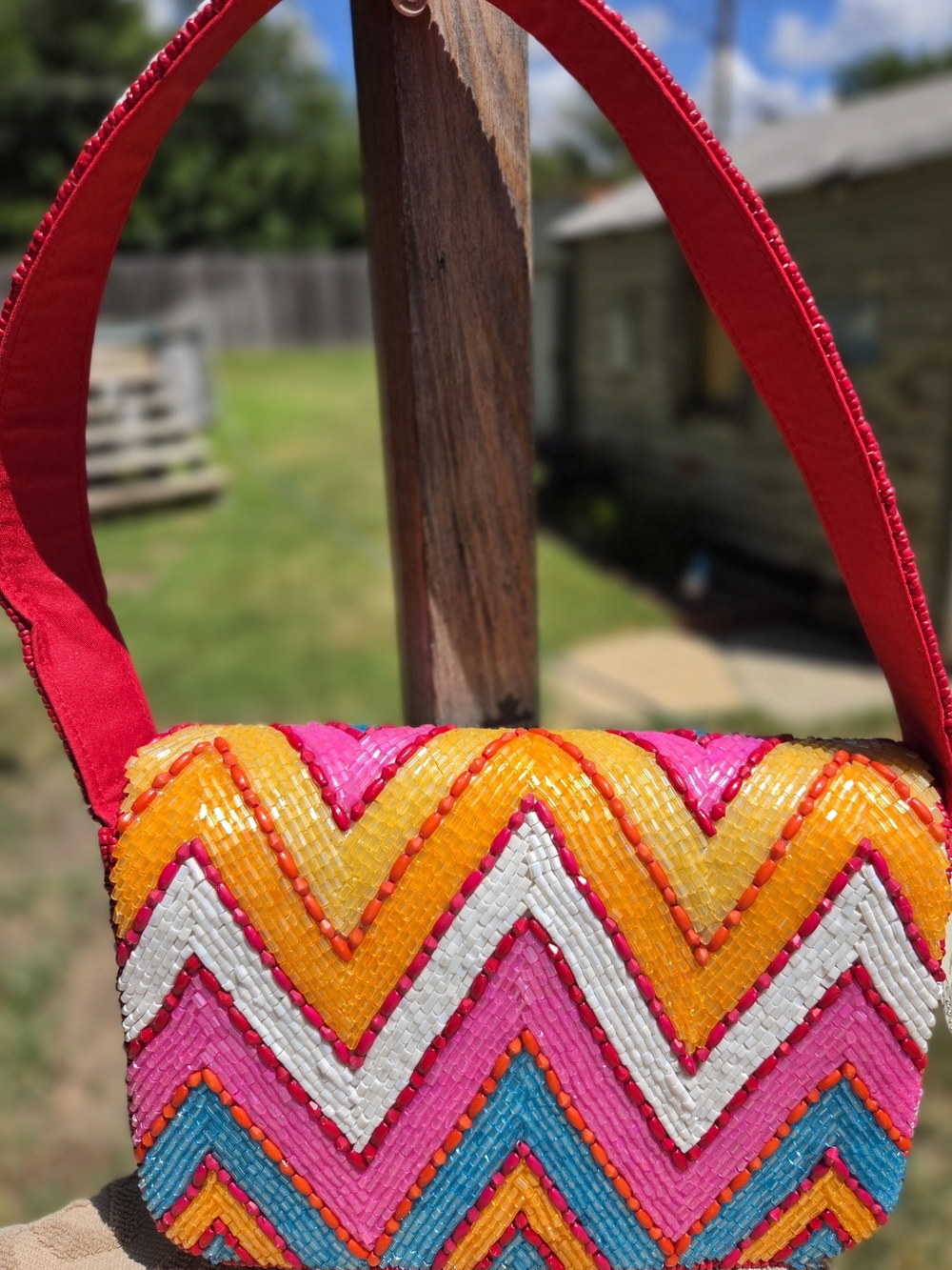 Colorful Beaded Chevron Shoulder Bag - Pink & Yellow